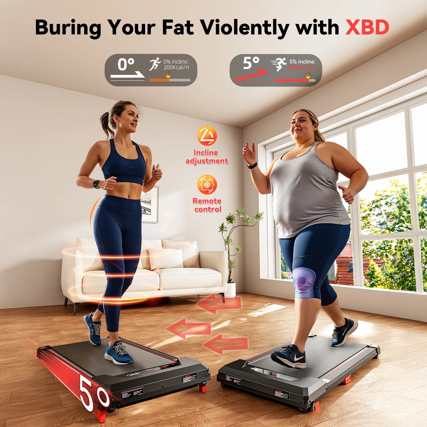 XBD Portable Incline Treadmill- 330lb Capacity, 2.5HP with LED display and Remote