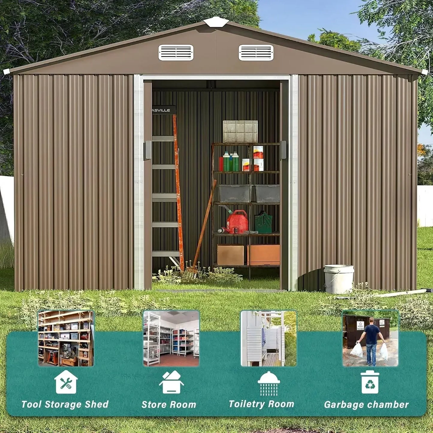 10ft X 8ft Metal Storage , Outdoor  Shed With Lockable Slide Doors & 2 Windows,