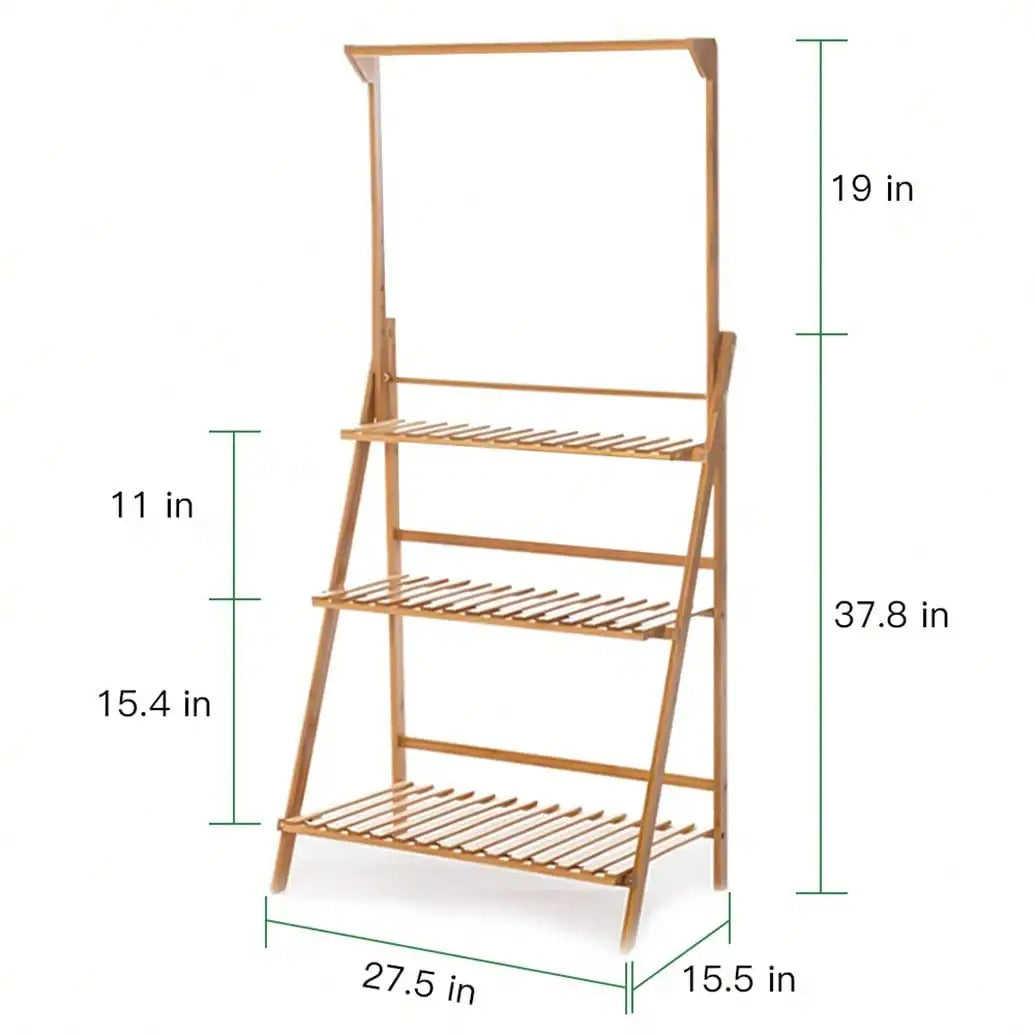 UNHO 3 Tier Foldable Bamboo Ladder Plant Stand Flower Storage Shelving Hanging Rack