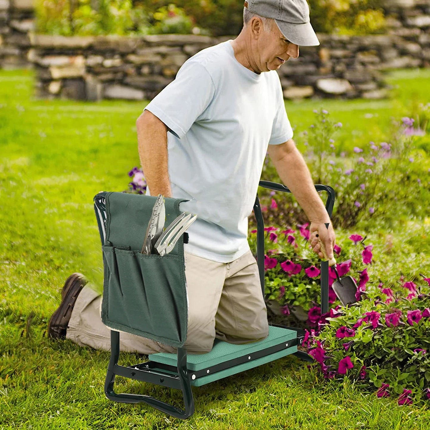 Heavy Duty Garden Kneeler Seat, Thickend Soft Eva Pad, Foldable Garden Stool Pouch, Steel Frame