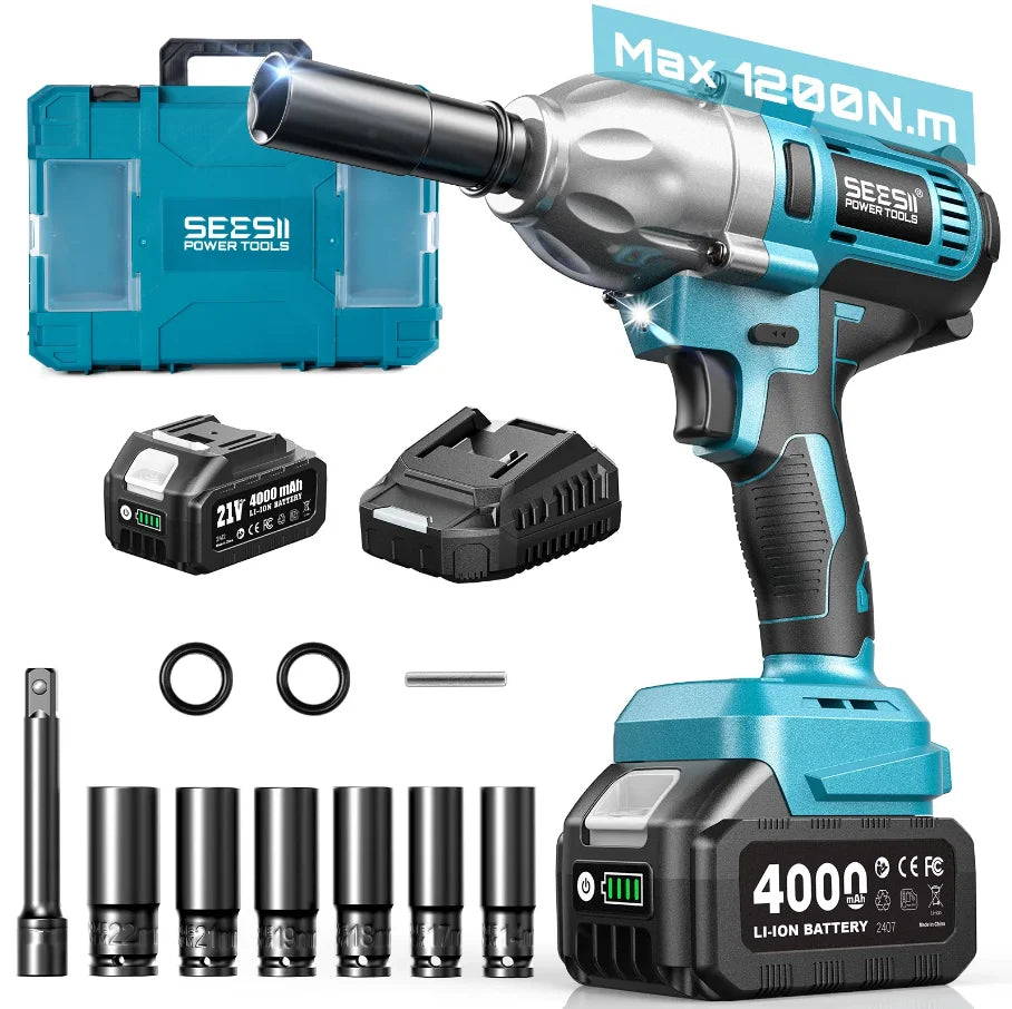 Seesii 3-In-1 Tool Combo Kit Rotary Hammer Drill Impact Wrench Angle Grinder Electric Brushless Cordless Battery Powered Tool Kits with 2x4.0Ah Batteries for Car Home Heavy-duty