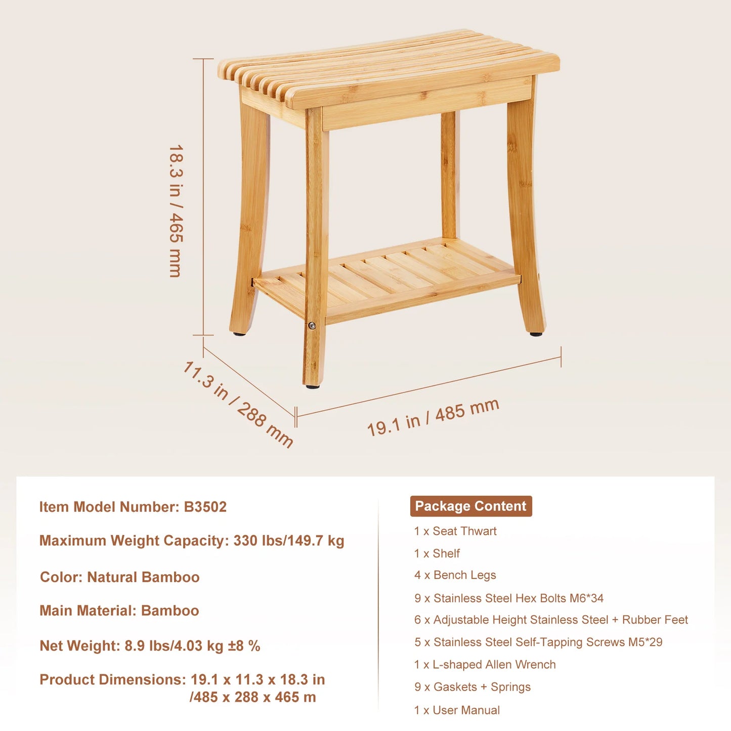 Bamboo Waterproof Shower Stool Chair with Storage Shelf 330lbs Load Capacity Spa Seat