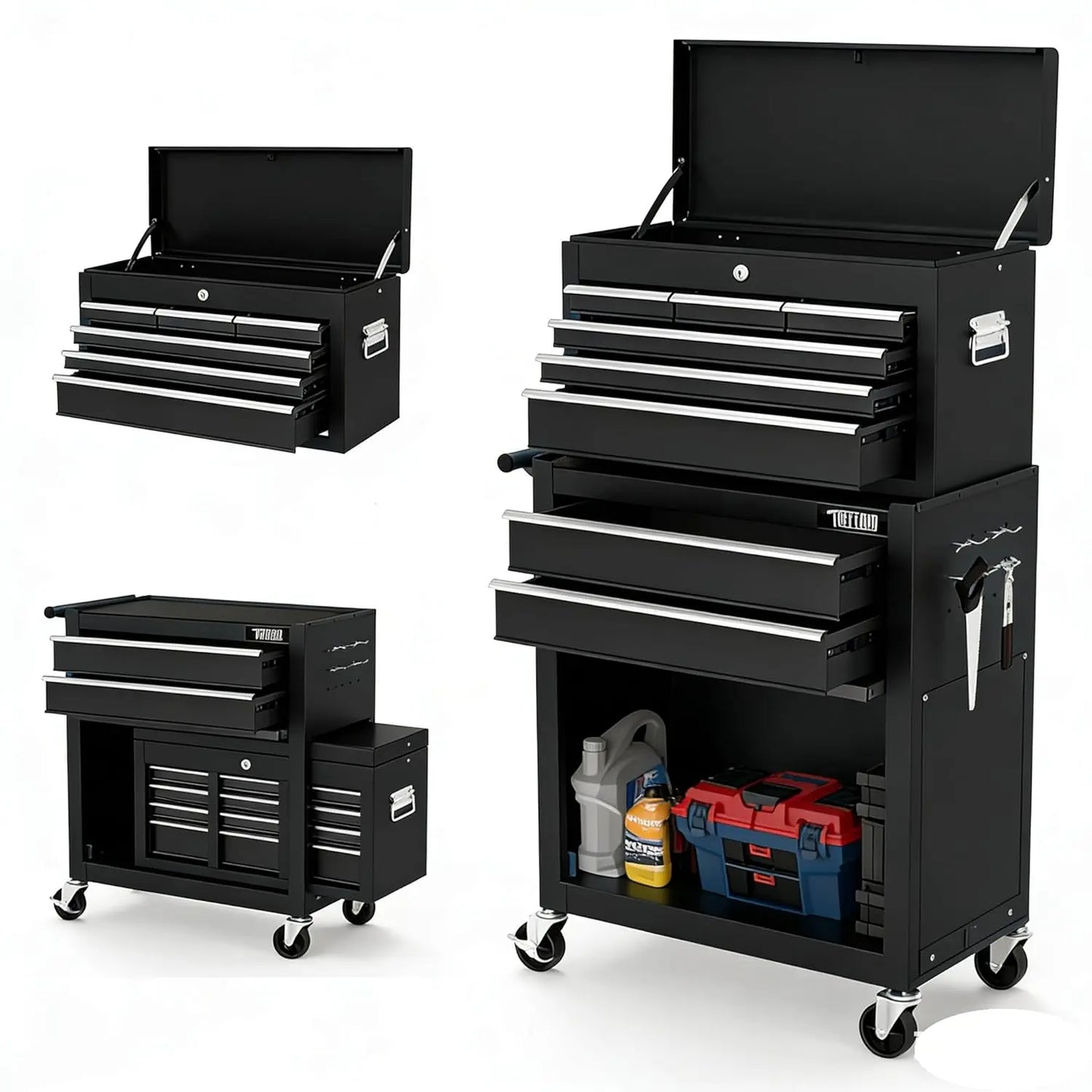 8-Drawer Rolling Tool Chest w/Lock w/Wheels, Detachable Top, Drawers & Drawer Liners,