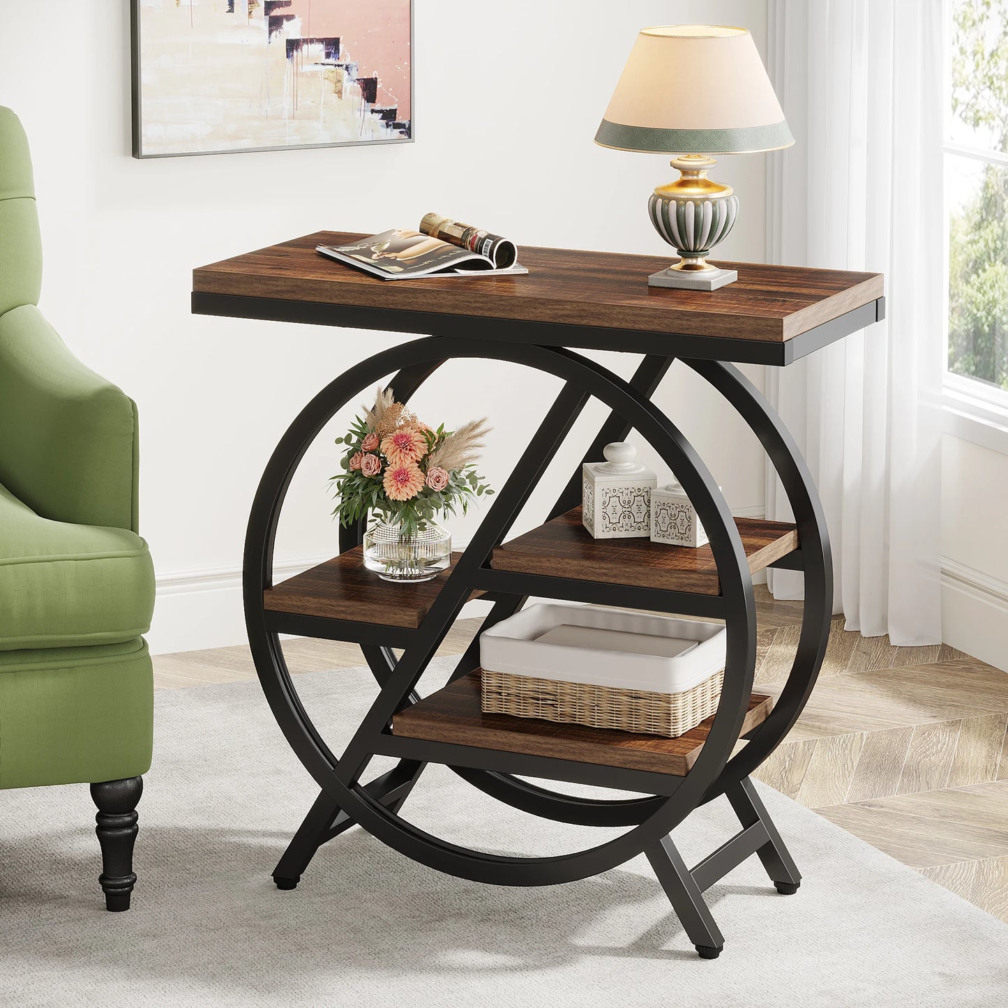 Narrow End Table with 3 Storage Shelves, Wooden.