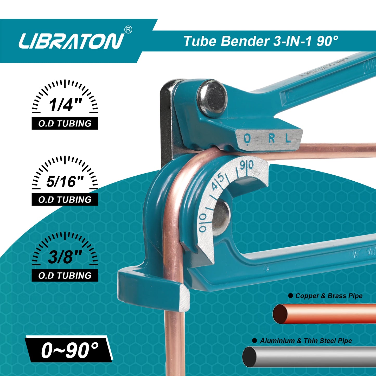LIBRATON Tube Pipe Bender, 3-IN-1, 1/4" 5/16" 3/8" for Copper, Brass, Aluminum, Thin Steel