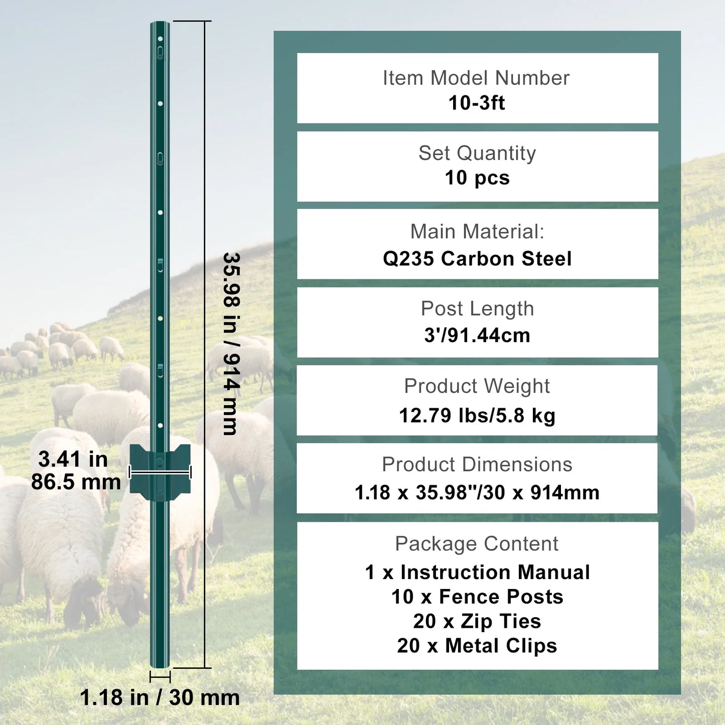 4/5/6/7 Ft Fence Post 6/10 Pack T-Post Heavy Duty Metal Fence Posts Green