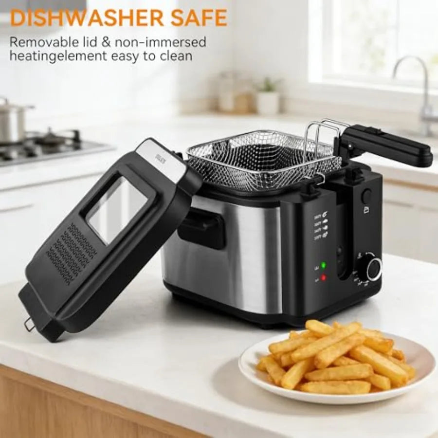 1500W Adjustable Temperature Electric Deep Fryer with Removable Lid and 2.5L Non-Stick Inner Pot for Home Use Deep Black Fryer