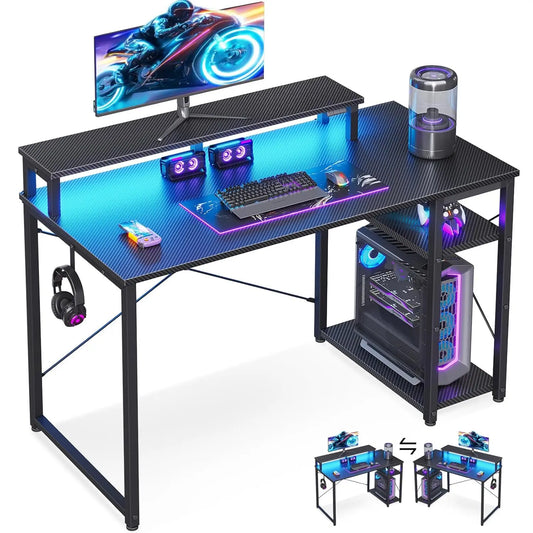 40 Inch Small Gaming Desk with Storage & Led Lights, Computer Desk with Shelf, Reversible Gamer Desk with Monitor, Customized