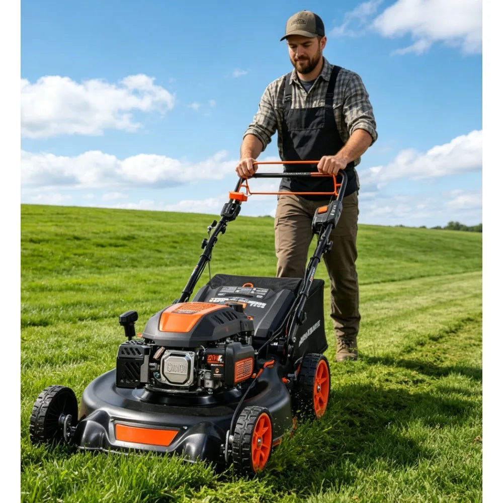 24 Inch 201cc Self Propelled Gas Lawn Mower with Electric Start 6 Speed CVT High Wheel 3-in-1 RWD
