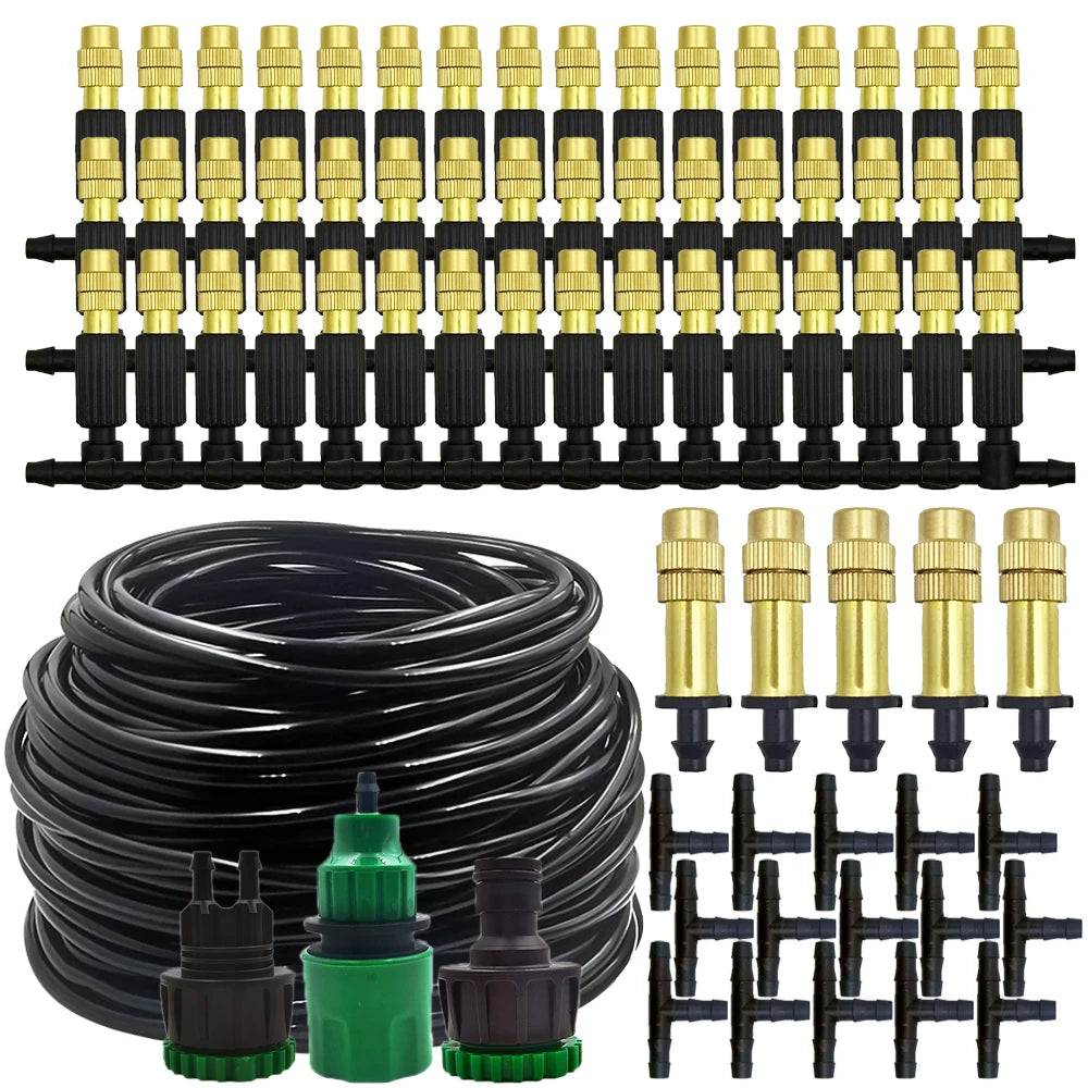 15M-30M Outdoor Misting Garden Irrigation 1/4'' Brass Atomizer Nozzles Hose for Patio/Greenhouse