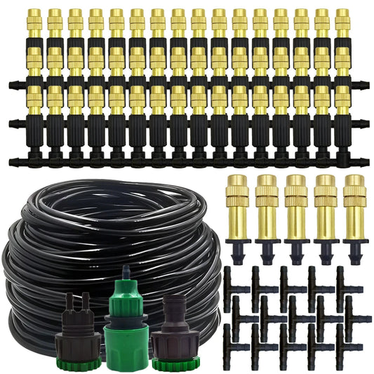 15M-30M Outdoor Misting Garden Irrigation 1/4'' Brass Atomizer Nozzles Hose for Patio/Greenhouse