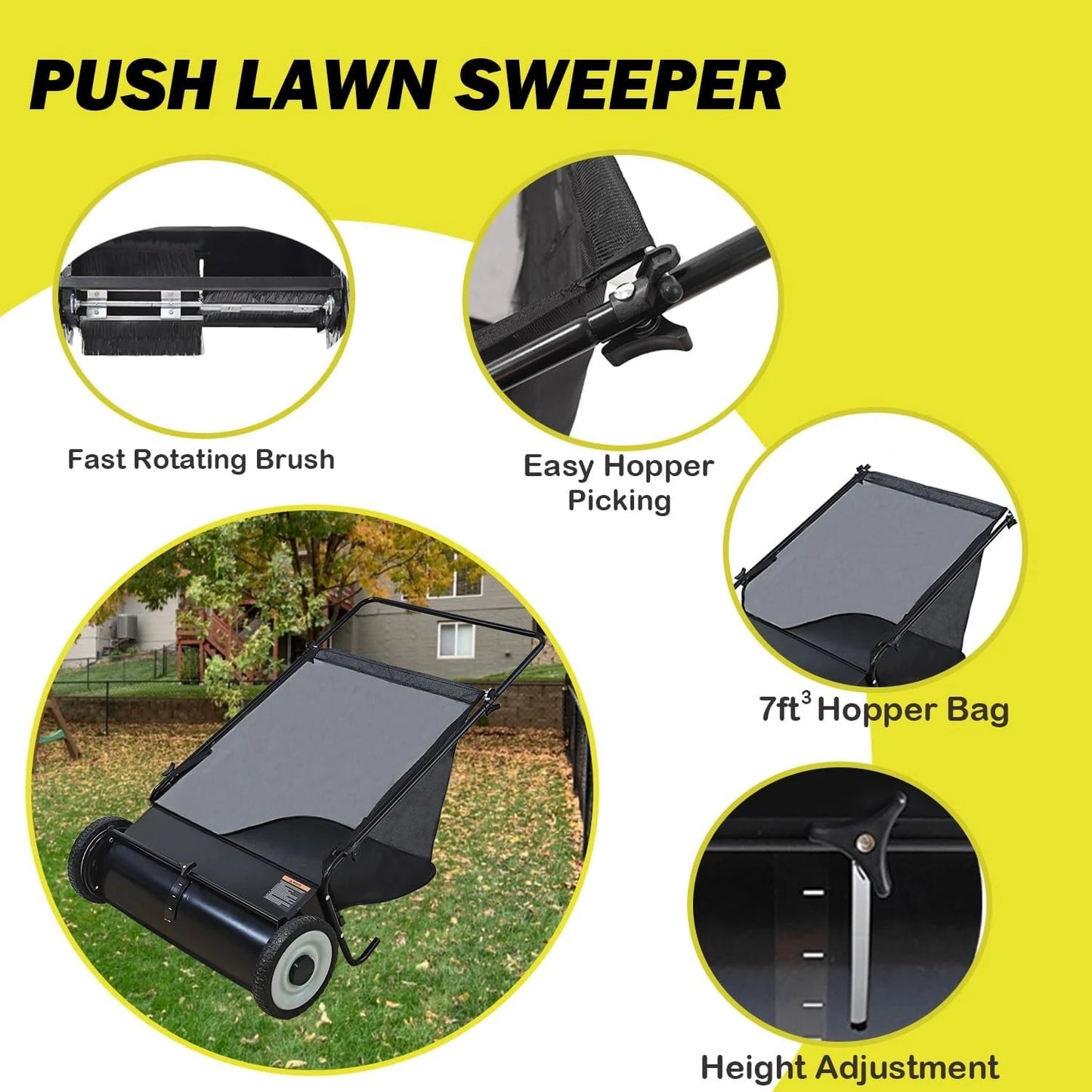 Push Lawn Sweeper, 26-Inch Width, 7 Cu. Ft. Hopper Capacity, 4 Spinning Brushes, Adjustable Height, Durable Steel Frame·2025 NEW