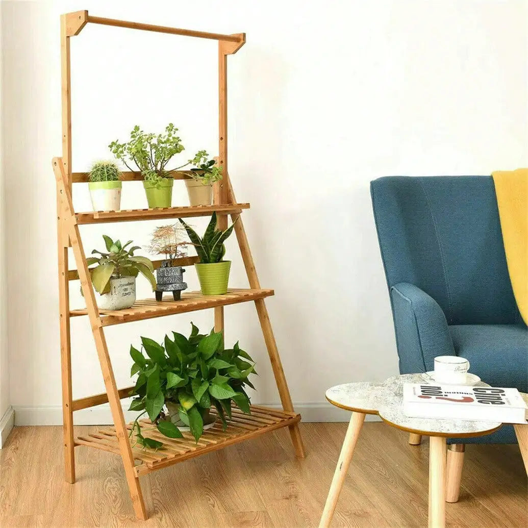 UNHO 3 Tier Foldable Bamboo Ladder Plant Stand Flower Storage Shelving Hanging Rack