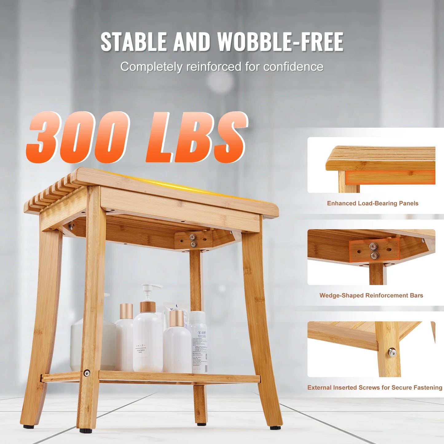 Bamboo Waterproof Shower Stool Chair with Storage Shelf 330lbs Load Capacity Spa Seat