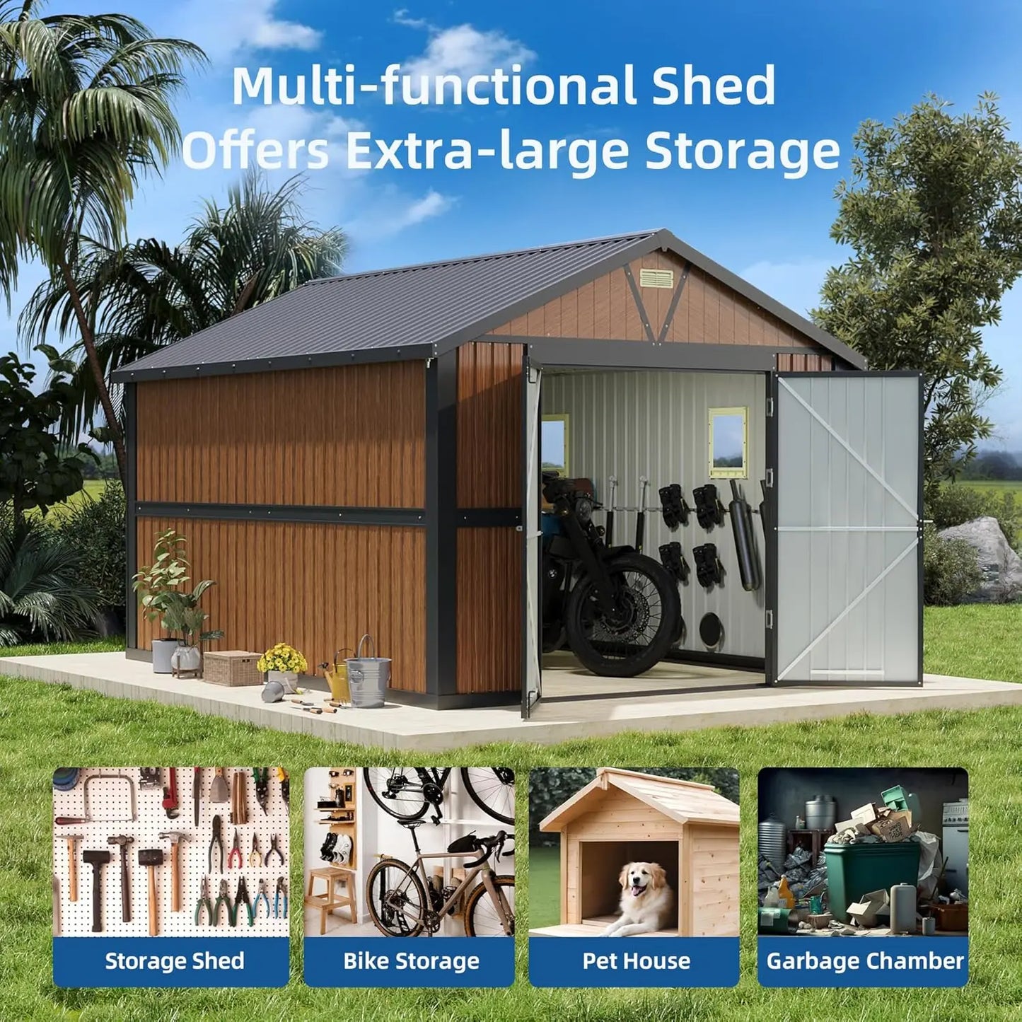 10x12 FT Outdoor Metal Storage Shed with Lockable Doors & Windows