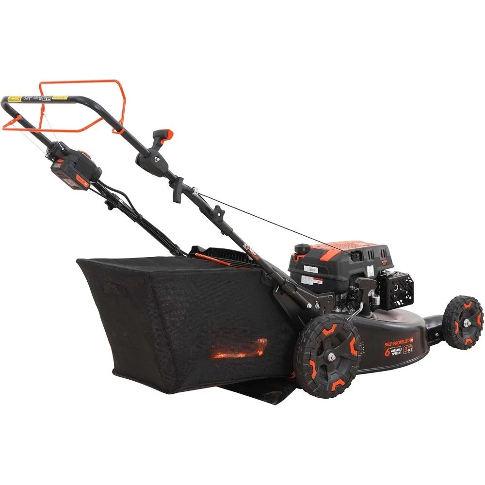24 inch 201cc Self Propelled Gas Lawn Mower with Electric Start 6 Speed CVT High Wheel 3-in-1 RWD