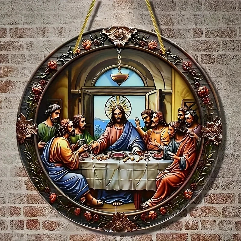 2D 8in Wooden Circular Disc Jesus and Disciples Flat Christian Religious Art