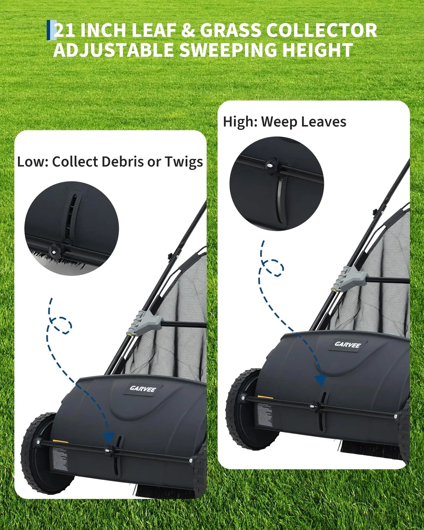 21 Inch Push Lawn Sweeper 3.5 Cubic Feet Hopper Leaf And Grass Collector 4 Spinning Brushes Adjustable Brush Height Manual Yard Sweeper For Grass Clippings Leaves And Light Debris