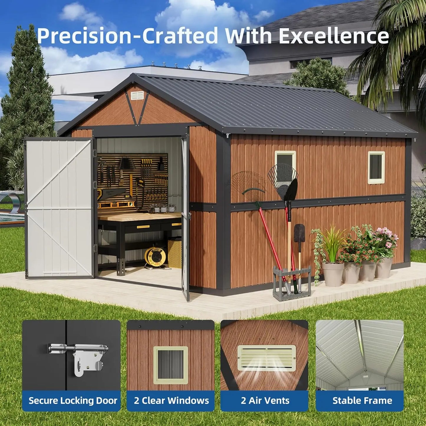 10x12 FT Outdoor Metal Storage Shed with Lockable Doors & Windows