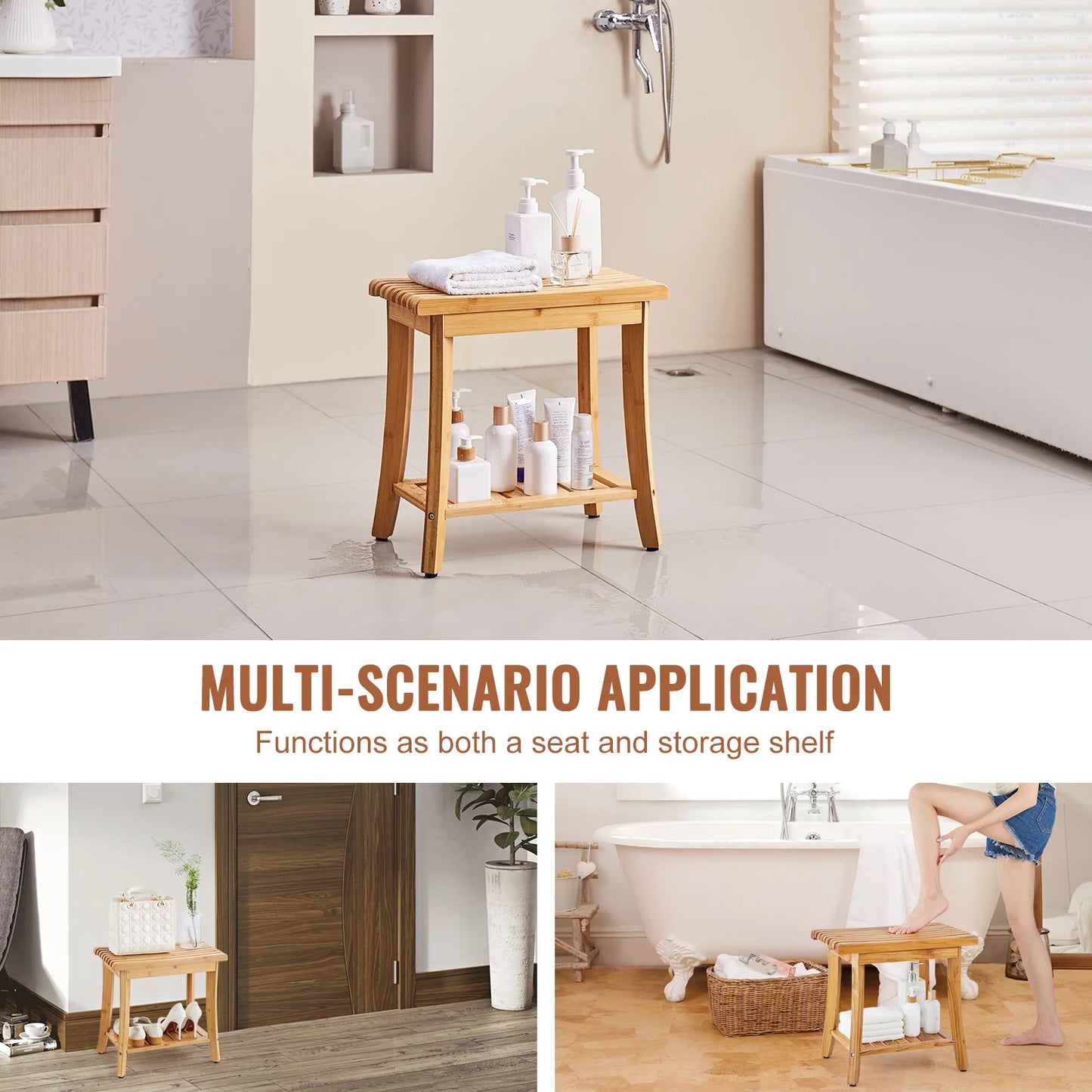 Bamboo Waterproof Shower Stool Chair with Storage Shelf 330lbs Load Capacity Spa Seat