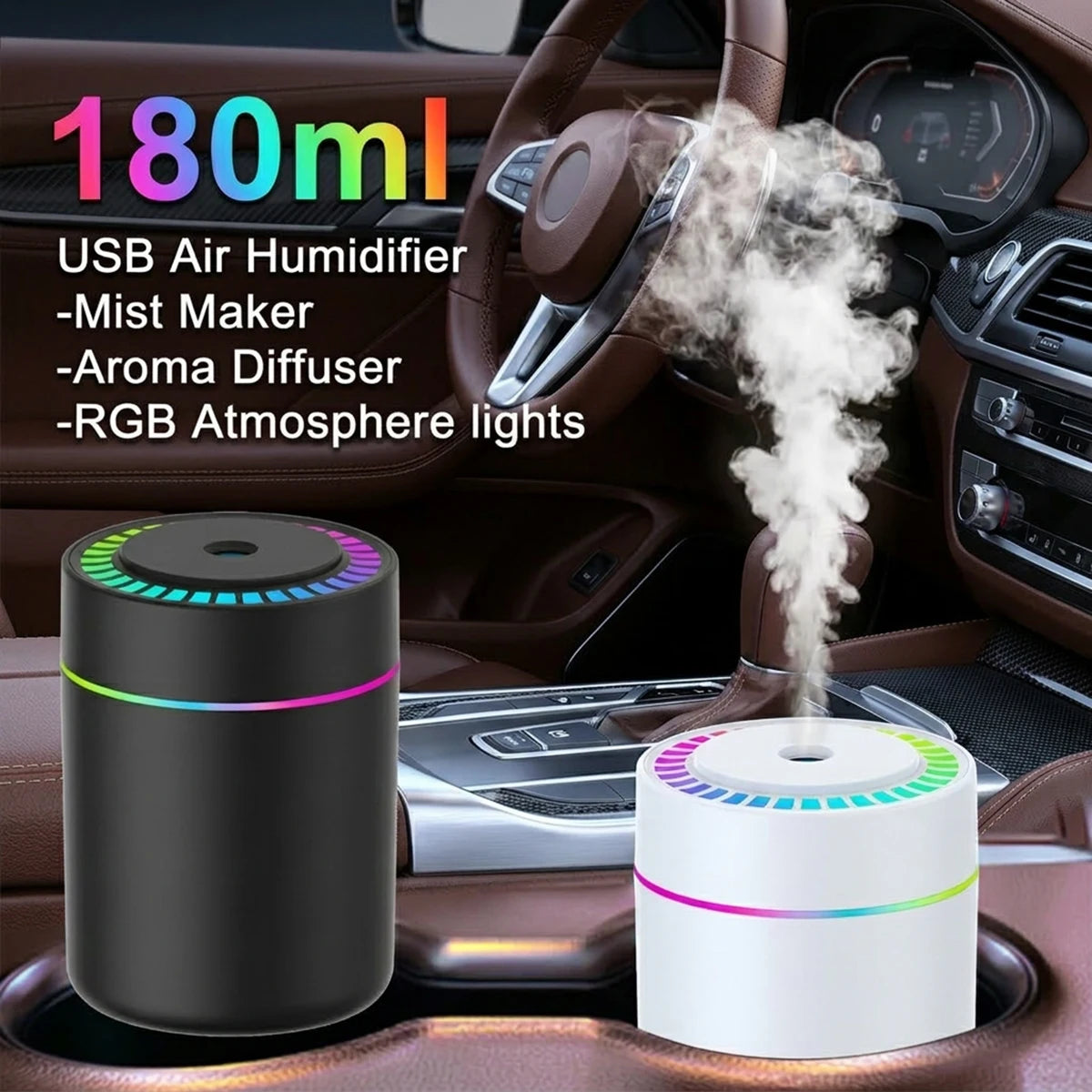 RGB Mini Air Humidifier 180ML Aroma Diffuser Essential Oil USB For Car Home Bedroom