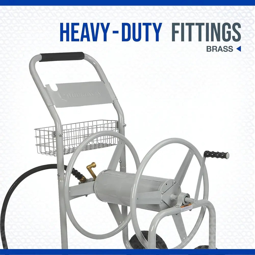 Garden Hose Cart, Holds 5/8 in. x 400 ft. Hose, Tubular Steel  10 in. Tires, Brass fittings, 6 foot. Leader Hose.
