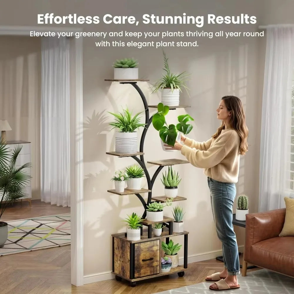 65" Indoor Plant Stand with Grow Lights, Tiered Metal Plant Shelf with Wheels and Drawer, Plant Storage Rack for Home Decor