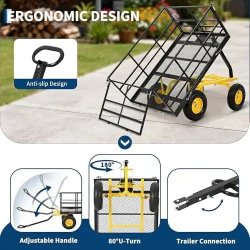 Heavy Duty 1500 Lbs Mesh Steel Garden Cart Folding Utility Wagon with Removable Sides, Garden Cart on Wheels.