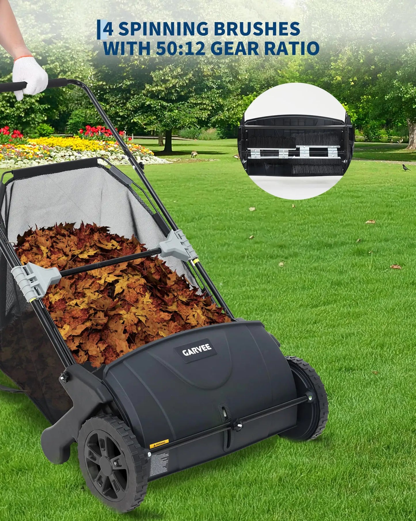 21 Inch Push Lawn Sweeper 3.5 Cubic Feet Hopper Leaf And Grass Collector 4 Spinning Brushes Adjustable Brush Height Manual Yard Sweeper For Grass Clippings Leaves And Light Debris