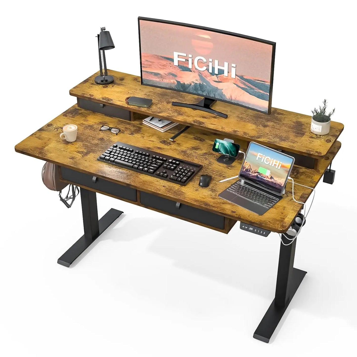 Height Adjustable Electric Desk 55x30" 4 Drawer Two Tier 3 Memory USB Port Home Office