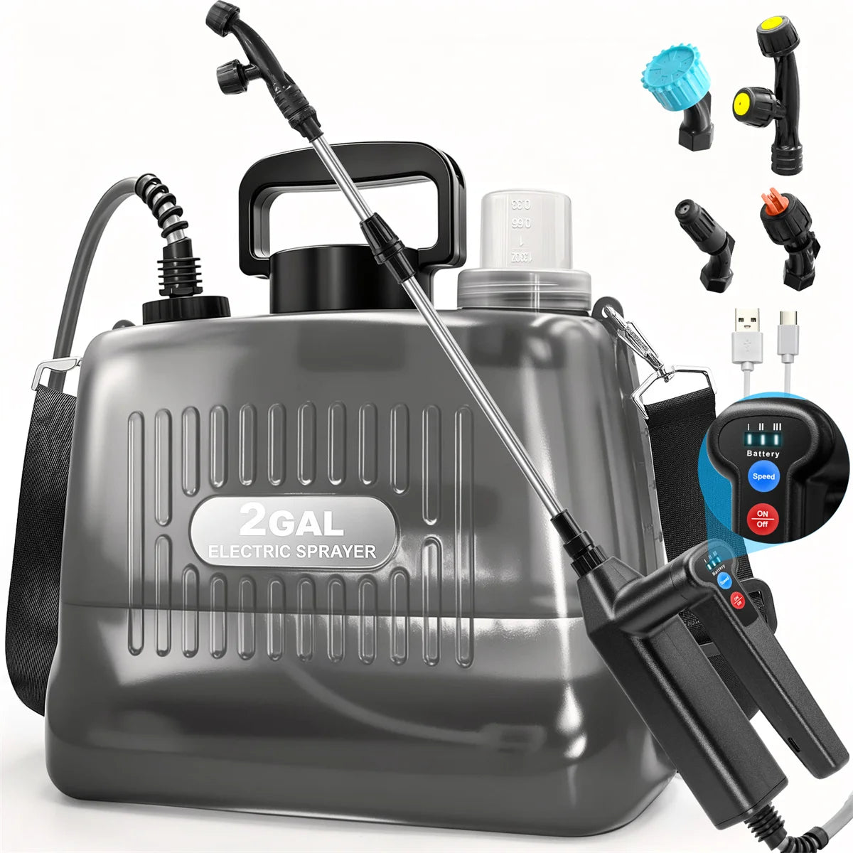 2 Gallon Battery Powered Sprayer, Electric Garden Sprayer with 3 Adjustable Pressure Levels, 4 Nozzles & Extendable Wand