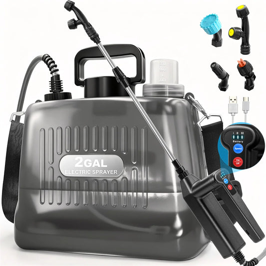 2 Gallon Battery Powered Sprayer, Electric Garden Sprayer with 3 Adjustable Pressure Levels, 4 Nozzles & Extendable Wand Stone & Stem