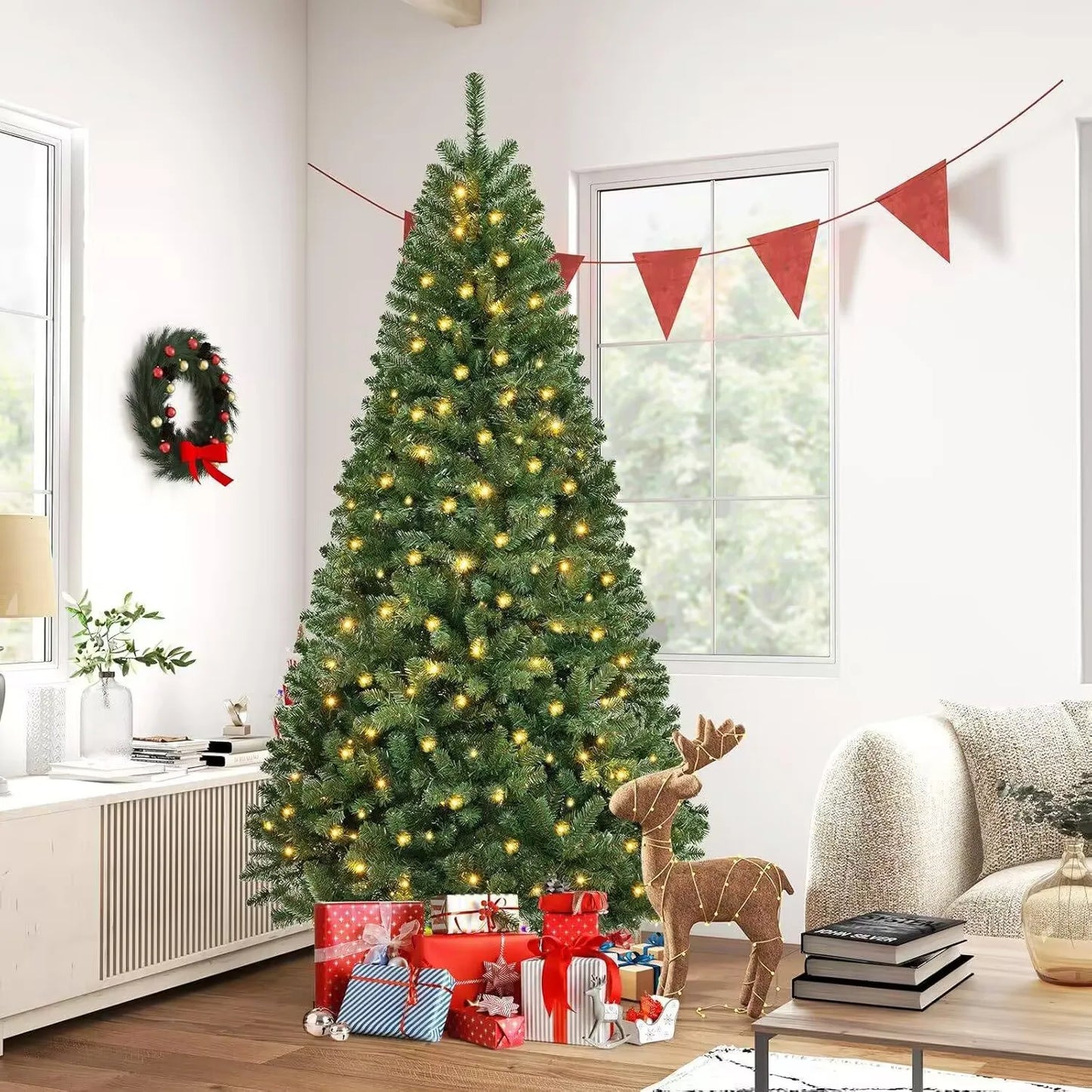 5 to 10ft Artificial Christmas Tree, Snow Flocked Full Prelighted Tree with 2084 Branch Tips, 900 Incandescent Lights
