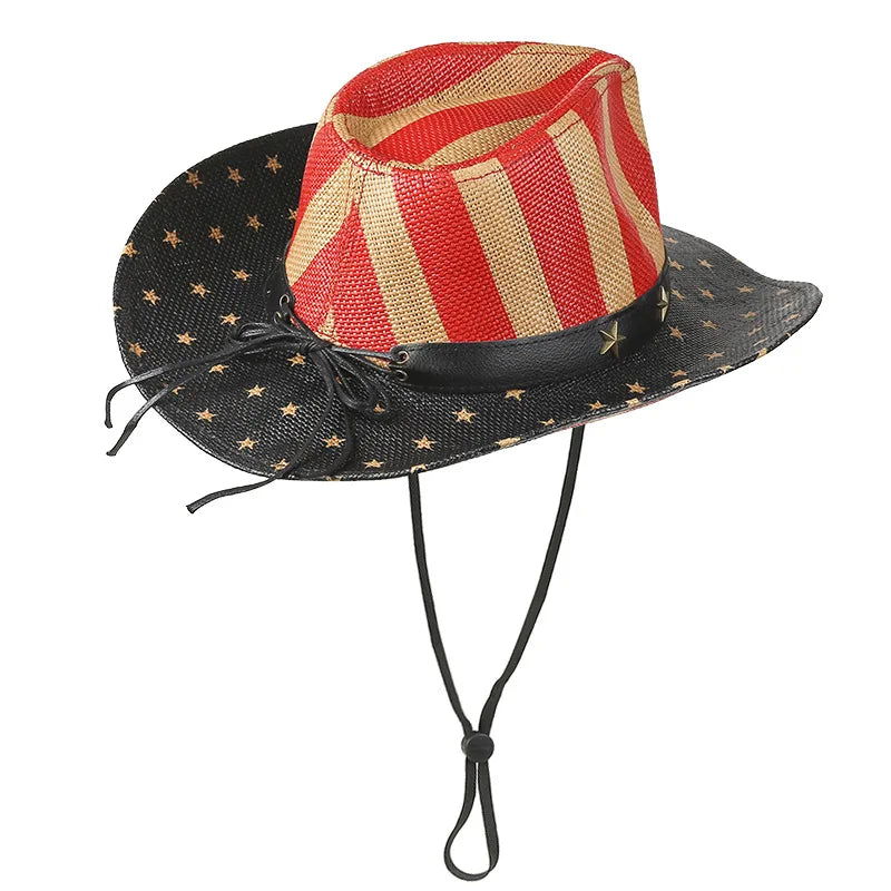 Outdoor Sun Protection Straw American Flag Western Cowboy Hat