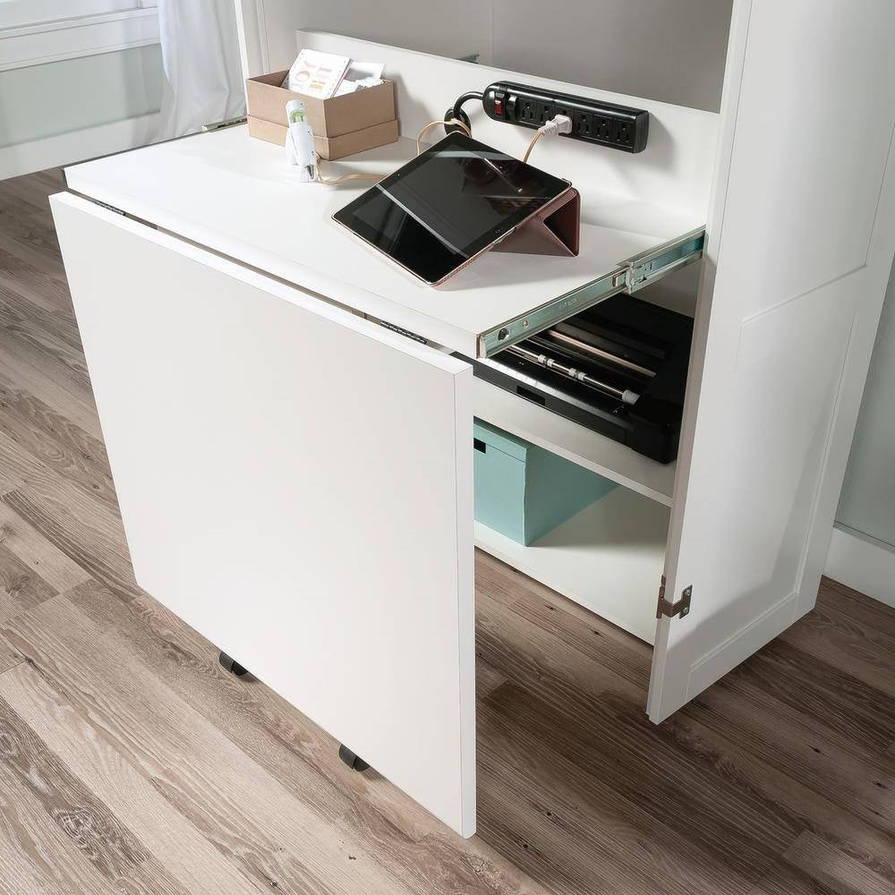 Drop Leaf Computer Desk Craft Table Armoire in White Wood Finish - Made in USA-2