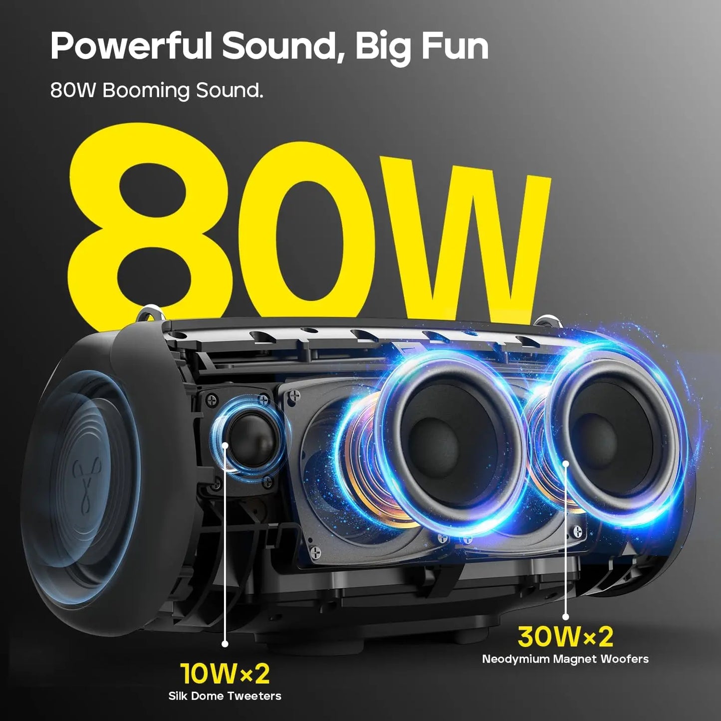 80W Portable Bluetooth Speaker, 24H Playtime, IP67, Custom EQ, TWS, for Camping/Beach/Party