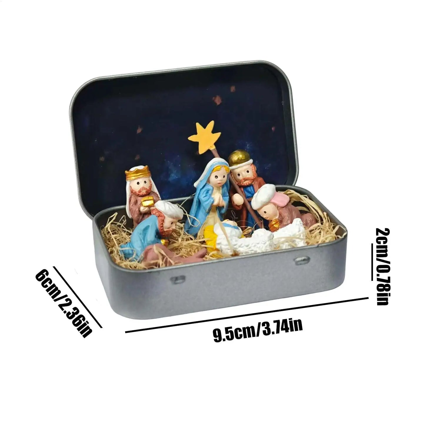 Nativity Set in Tin Box Portable Mini 3D Decorative Holy Ornament