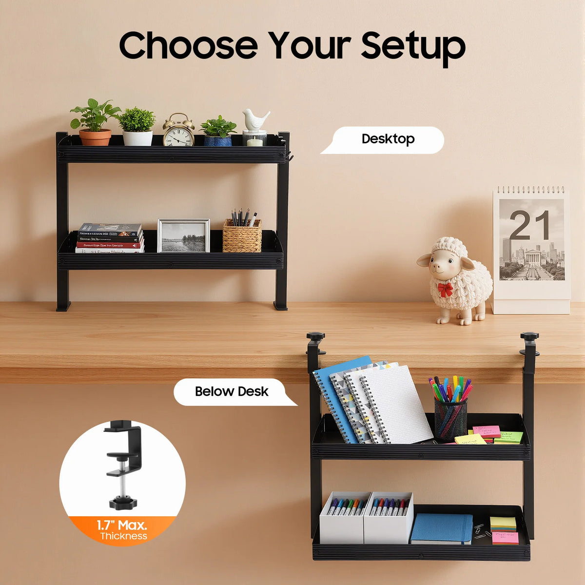 2-Tier Clamp-On Desk Shelf Organizer,Black Space-Saving Storage Rack w/Clamping Mechanism,Perfect for Standing Desk Installation Stone & Stem