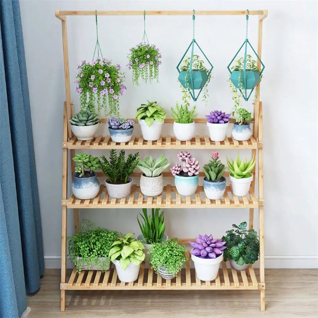 UNHO 3 Tier Foldable Bamboo Ladder Plant Stand Flower Storage Shelving Hanging Rack