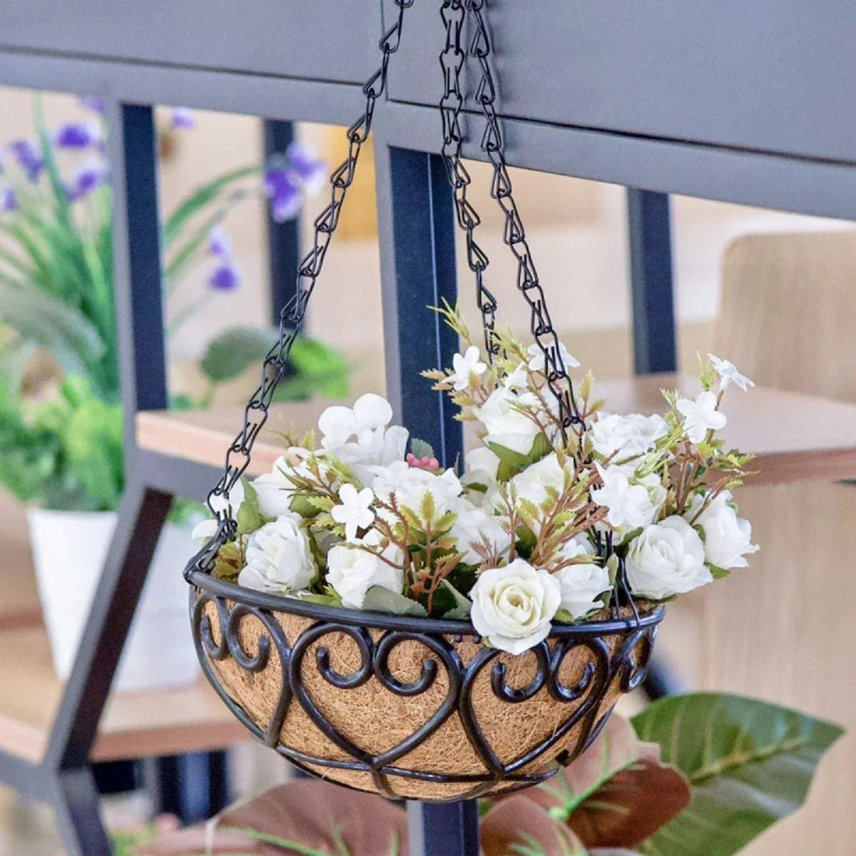 Coconut Brown Round Iron Chain Hanging Basket Flowerpot Holder