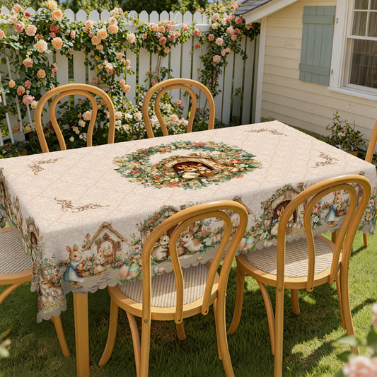 Vintage Luxury Easter-Themed Tablecloth, Cute Peter Rabbit in Various Poses,