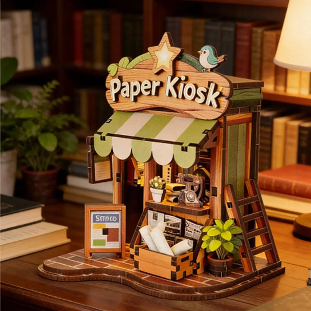 DIY Mini Wooden Dollhouse Kit 3D Wooden Puzzle Book Nook LED Light