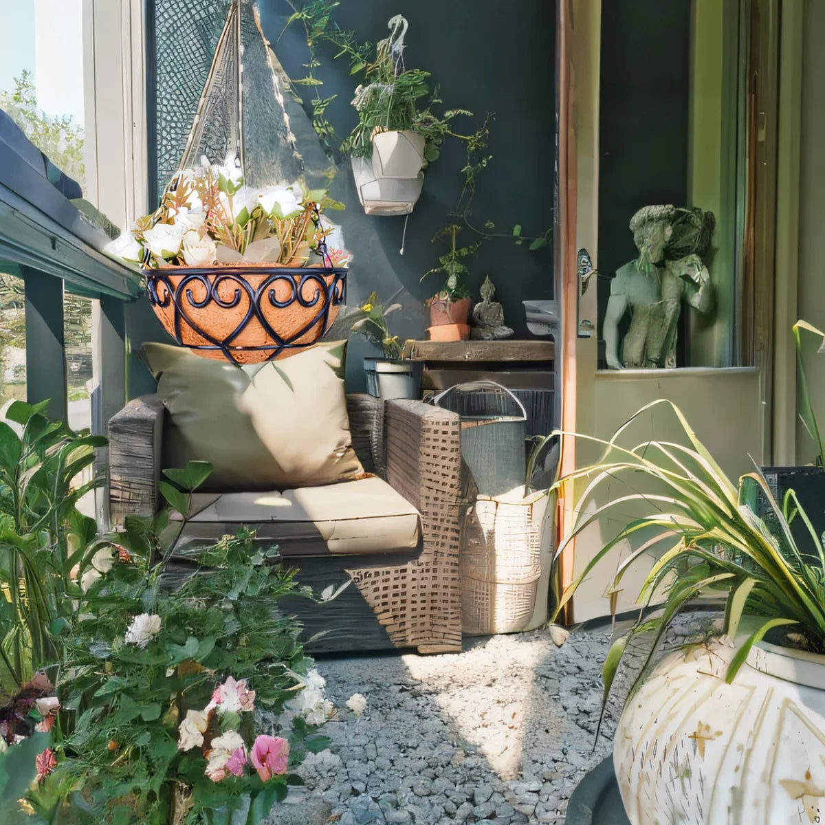 Coconut Brown Round Iron Chain Hanging Basket Flowerpot Holder