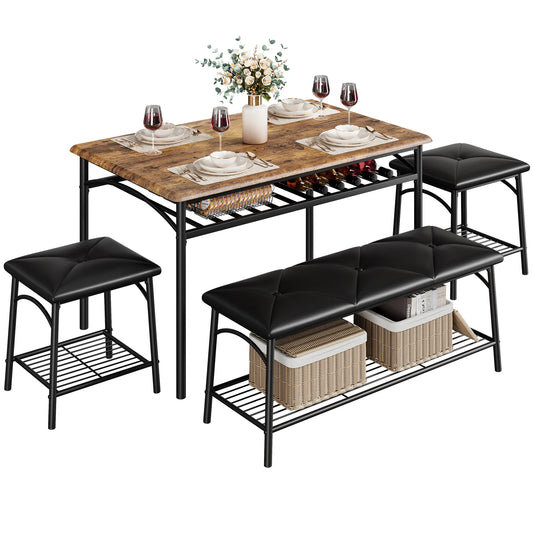Dining Table Set for 4, Kitchen Table with Two Upholstered Stools and Bench