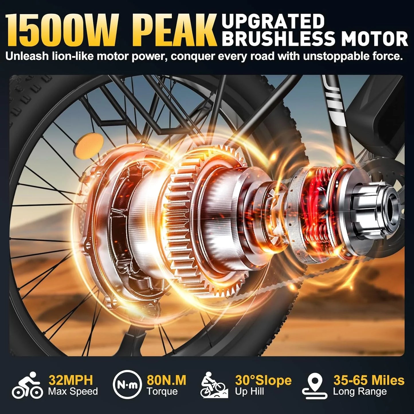 Peak 1500W Electric Bike High Speed 32MPH 48V 15Ah Battery 26'' Fat Tire Ebike Mountain Bicycle Off-Road Snow Bike for Adults