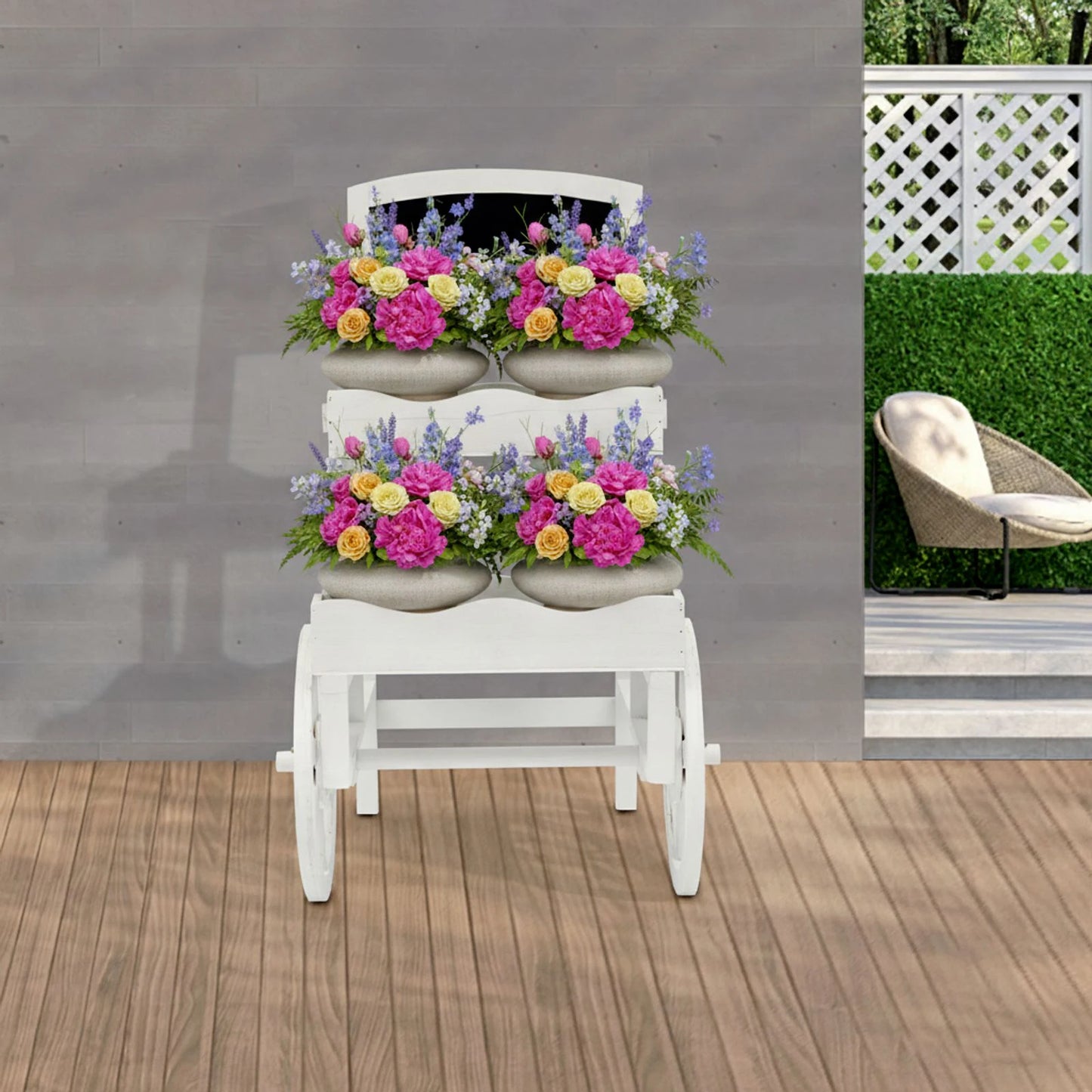 2-Tier Planter Cart, Garden Wood Flower Display Stand with Wheels
