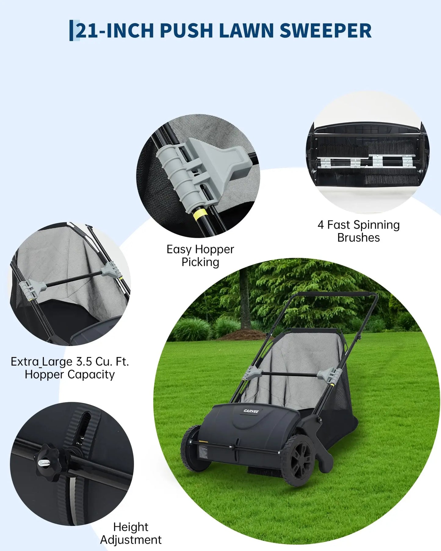 21 Inch Push Lawn Sweeper 3.5 Cubic Feet Hopper Leaf And Grass Collector 4 Spinning Brushes Adjustable Brush Height Manual Yard Sweeper For Grass Clippings Leaves And Light Debris