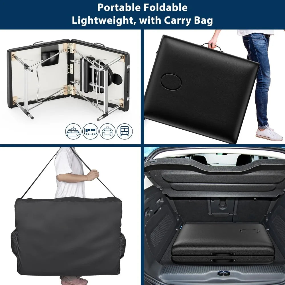 Portable 2-Fold Massage Table Height-Adjustable Aluminum Frame Side Pocket Face Cradle