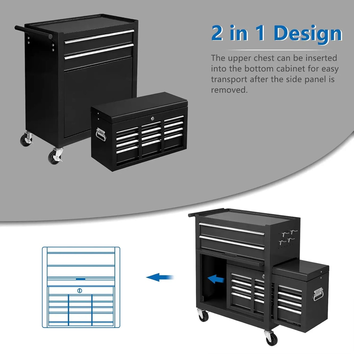 8-Drawer Rolling Tool Chest w/Lock w/Wheels, Detachable Top, Drawers & Drawer Liners,
