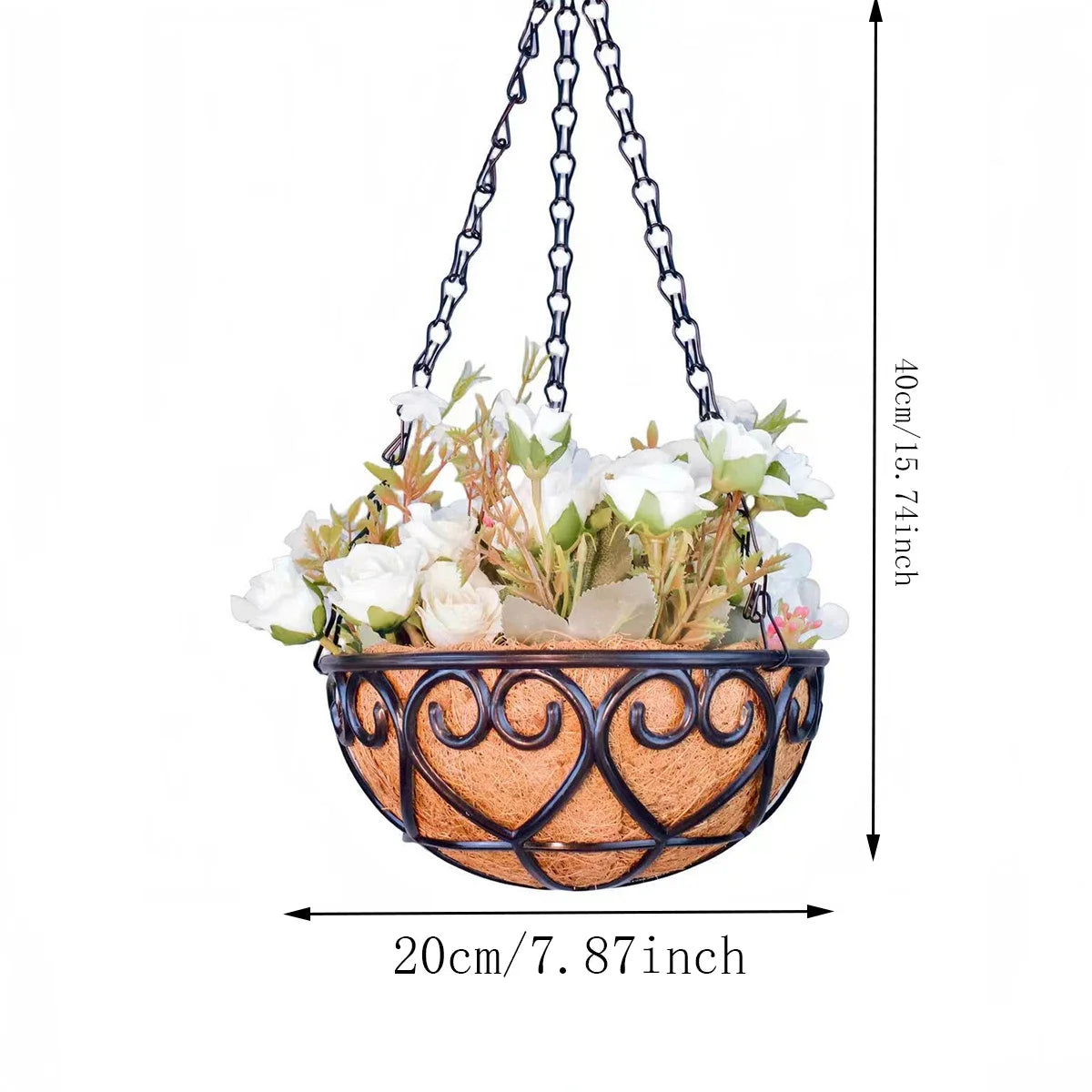 Coconut Brown Round Iron Chain Hanging Basket Flowerpot Holder